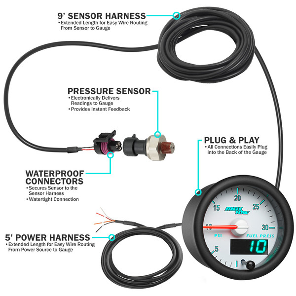MaxTow Match 3rd Gen Cummins 30 PSI Fuel Pressure Gauge Parts & Wiring Included