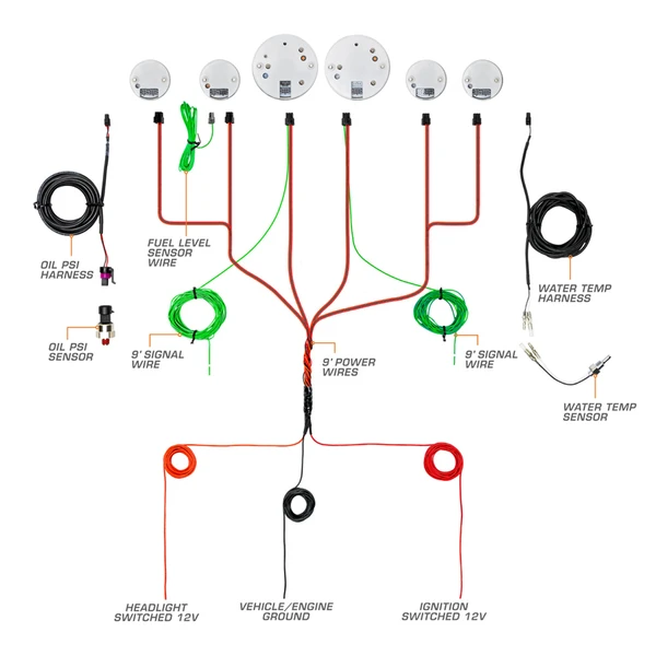 Classic Series 6-Gauge Custom Dashboard Cluster Set Gauge, Parts & Wiring Schematic