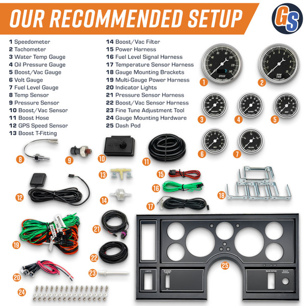 The Complete Kit Includes a Dash Panel Pod, Speedometer, Tachometer, Oil Pressure, Water Temperature, Boost Vacuum, Volt & Fuel Level Gauges & More