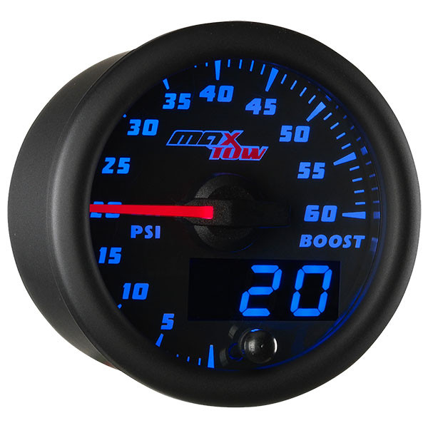 GlowShift | MaxTow Black & Blue Double Vision™ 60 PSI Truck Boost Gauge