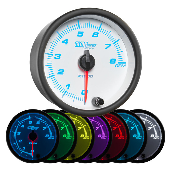 GlowShift | White 7 Color 3-3/8” (85mm) 8,000 RPM In Dash Tachometer