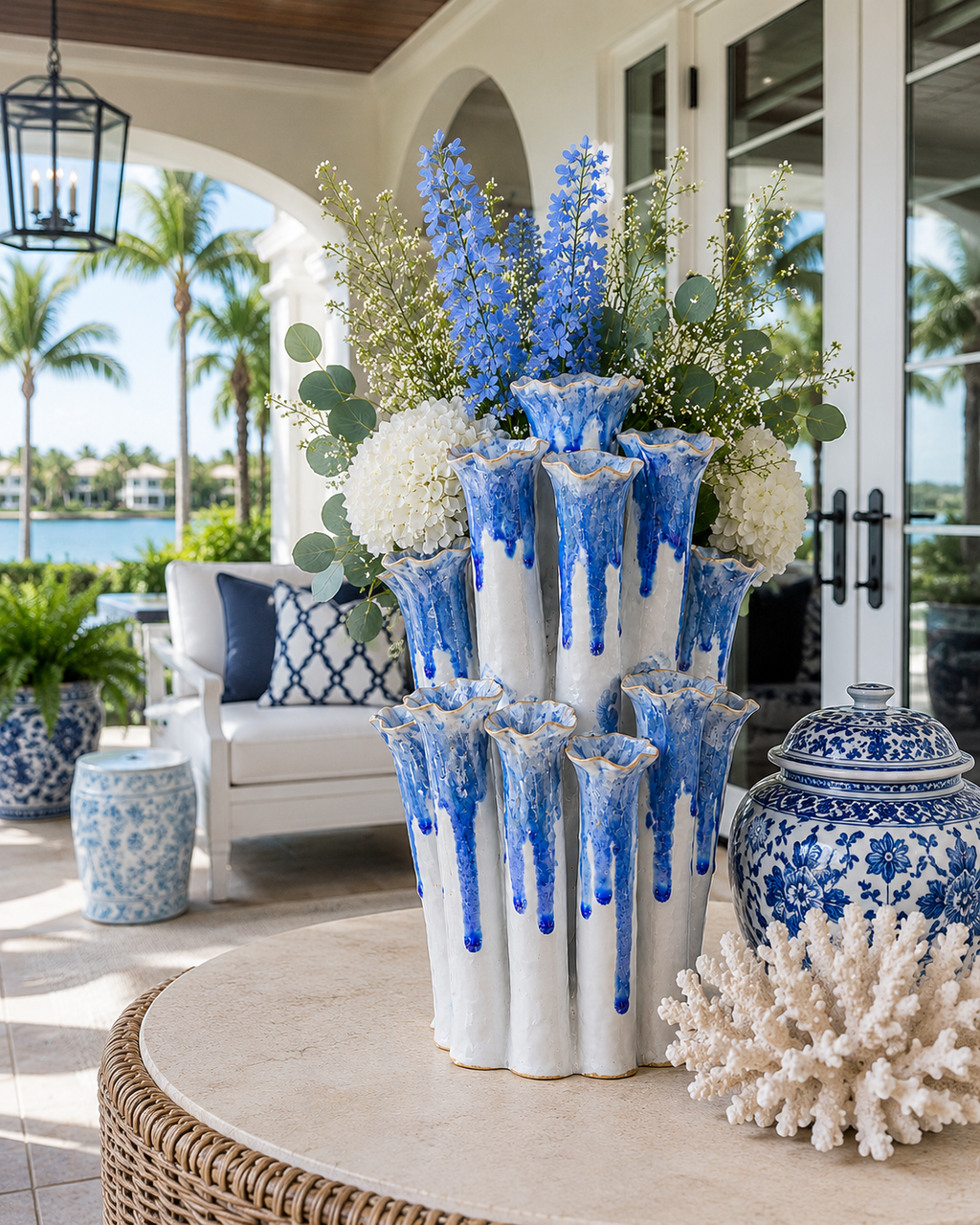 Large White & Blue Coral Flower Vase