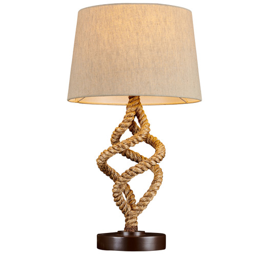 Mariner’s Knot Manila rope table lamp L125, 27-inch handcrafted rope table lamp with sculptural knotted base and neutral linen shade.