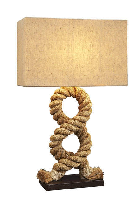 Pier Abaca rope table lamp L133, 28-inch handcrafted table lamp with sculptural figure-eight rope base and rectangular natural shade.