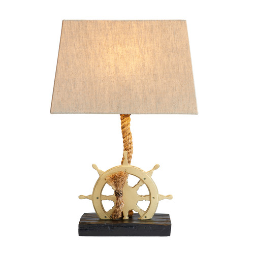 Ship Wheel natural rope table lamp L137, 21-inch nautical table lamp with rope-detailed ship wheel base and neutral linen shade.