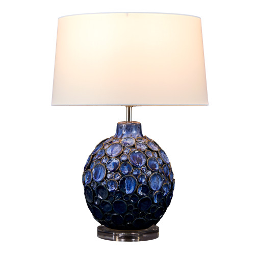Handmade Thai Luna blue sea anemone ceramic table lamp with deep blue sculpted base and white fabric shade