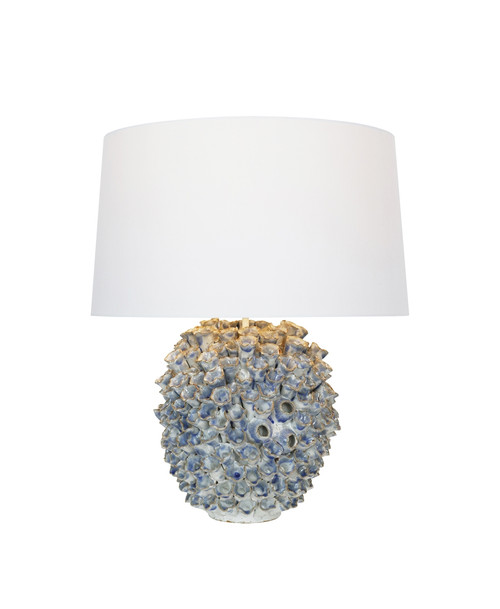 Handmade Thai Blue Coral Sea Anemone Ceramic Table Lamp L452B with blue and white sculpted ceramic base and white cotton shade
