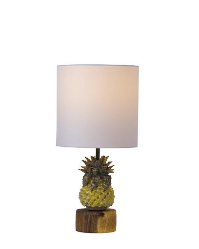 Small handmade Thai yellow pineapple ceramic table lamp with white shade and natural wooden base on white background
