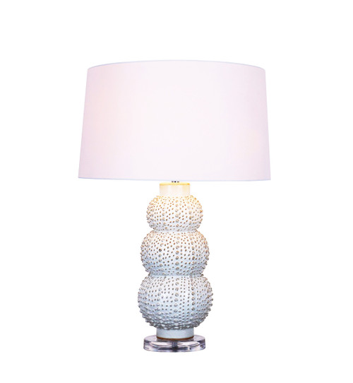 Handmade Thai white sea urchin ceramic table lamp with stacked textured base, clear pedestal and white cotton shade