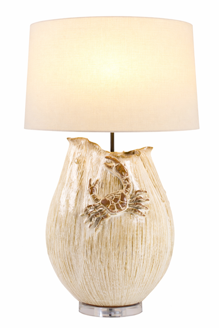 Handmade Thai white ceramic crab table lamp with sculptural coastal base and white shade