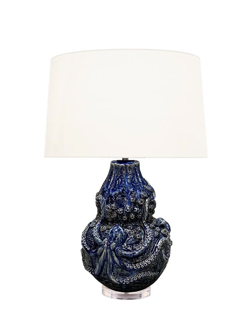 Handmade Thai blue ceramic sea life table lamp with sculpted ocean-inspired base and white cotton shade