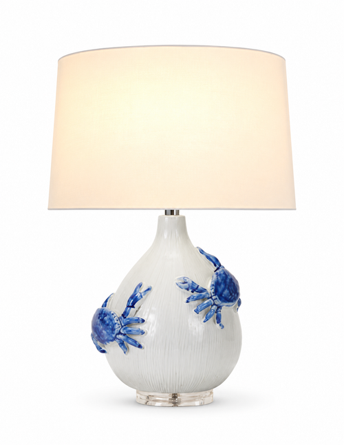 Handmade Thai blue and white ceramic sea crab table lamp with sculptural crab detailing and white cotton shade