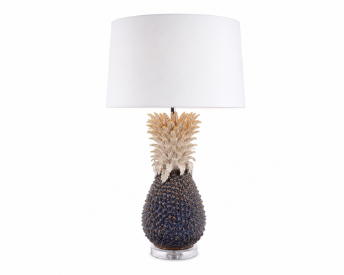 Handmade Thai blue pineapple ceramic table lamp, 33-inch sculptural lamp with cream crown, white shade and clear acrylic base.
