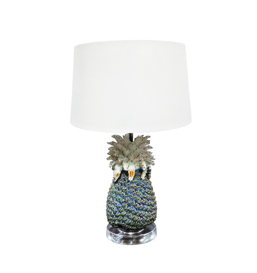 Handmade Thai pineapple ceramic table lamp dimensions showing 21 inch overall height, 6 inch wide base and 14 inch wide shade