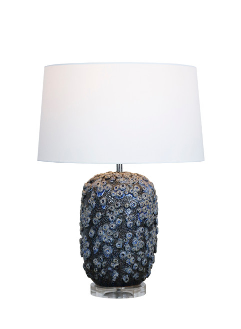 Handmade Thai Blue Star Coral ceramic table lamp, 23-inch coastal lamp with sculptural blue coral base and light-colored shade.
