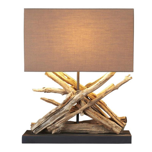 Scandinavian teak branch table lamp with linen shade and black base, handcrafted in Thailand.age_173
