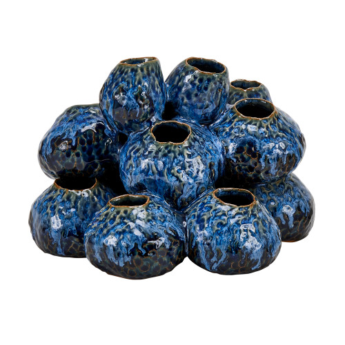 Handmade Thai ocean blue ceramic cluster vase with multiple openings and reactive glaze