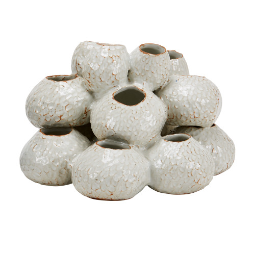 Handmade Thai white ceramic cluster vase with multiple openings and textured glossy glaze
