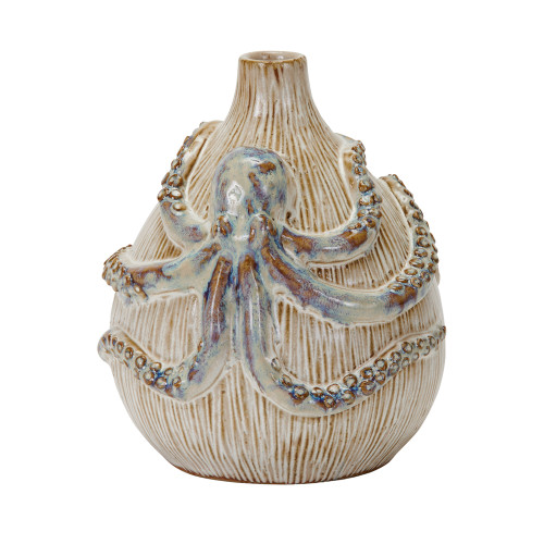 Cream and ocean blue octopus ceramic vase handmade in Thailand with textured ribbed body