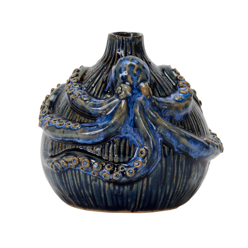 Handmade Thai ocean blue ceramic vase featuring a sculpted octopus and textured ribbed body on a white background