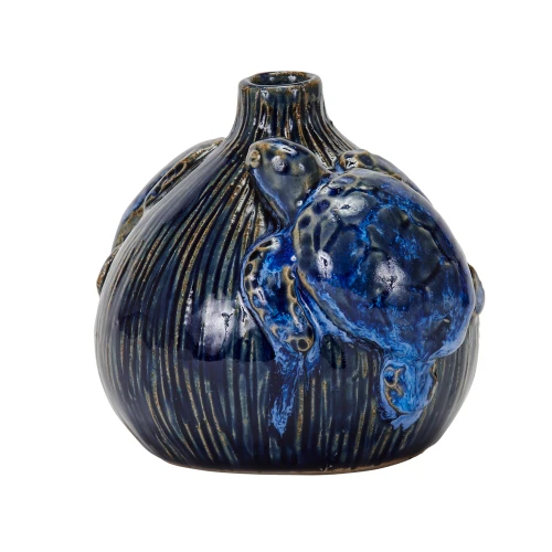 Small deep indigo blue sea turtle ceramic vase with sculpted ocean blue turtle handmade in Thailand