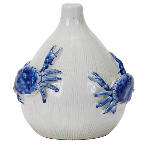 Handcrafted white and ocean blue sea crab ceramic vase made in Thailand
