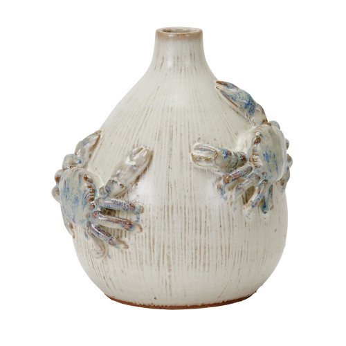 Handcrafted cream and soft blue sea crab ceramic vase made in Thailand
