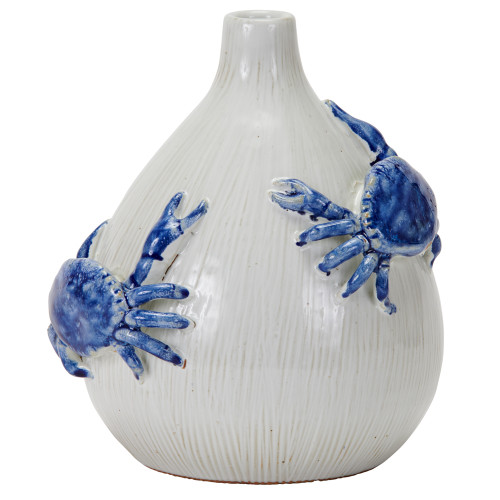Handcrafted white and ocean blue sea crab ceramic vase made in Thailand