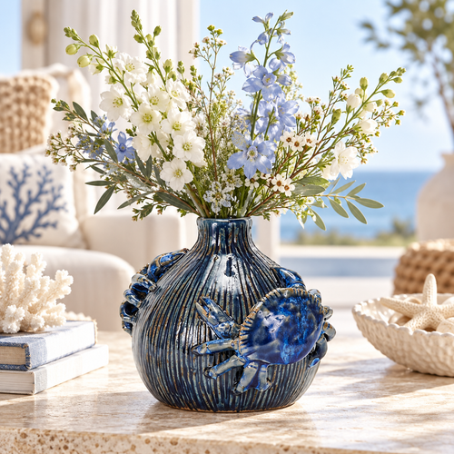 Deep ocean blue sea crab vase styled with delicate flowers on an elegant coastal veranda