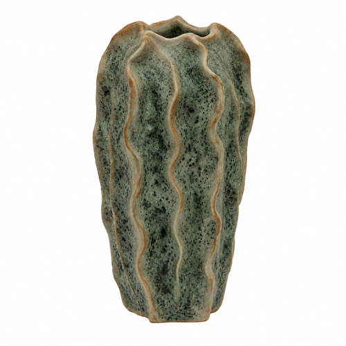 Handmade Thai Green Moss cactus ceramic vase with sculptural wavy ridges and speckled glaze