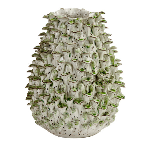 Handmade Thai green and white coral ceramic vase with sculptural textured surface, 14.5 inches wide x 21 inches high