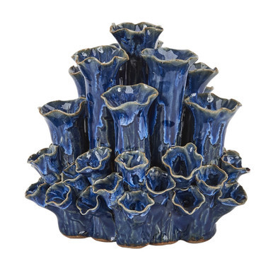 Handcrafted Thai ceramic coral flower vase featuring an organic coral-inspired design with sculpted sea flower openings. This decorative coastal vase measures 8 inches wide by 8.5 inches tall and serves as a beautiful tabletop accent for coastal, tropical, beach house, and resort-style interiors. Perfect displayed alone or styled with fresh flowers.