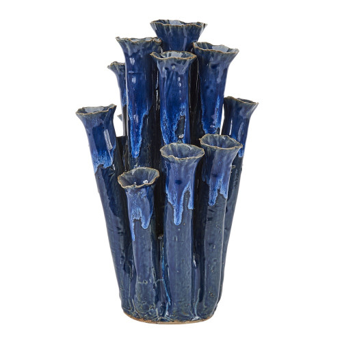 Royal blue handmade Thai ceramic coral flower vase on a white background