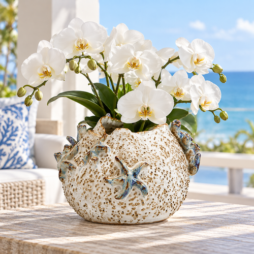 Cream and soft blue sea life ceramic vase styled with flowers in an upscale coastal interior
