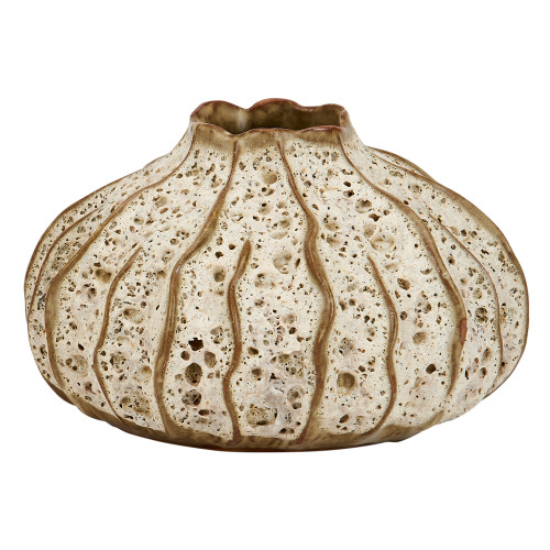 Handcrafted Thai White Moss textured ceramic vase with sculptural ridges, 6 inches wide by 4 inches tall