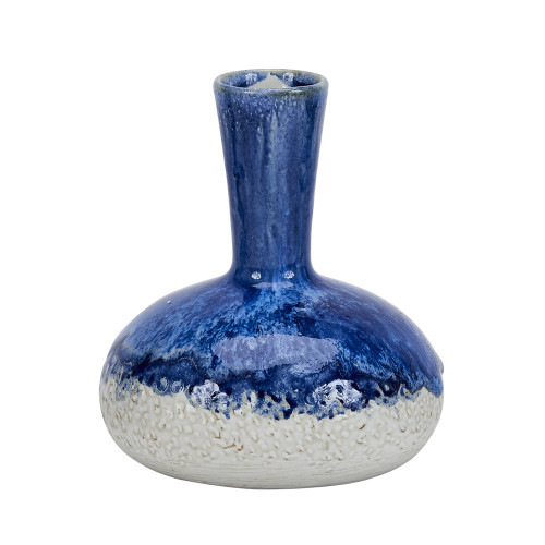 Handmade Thai royal blue and white ceramic vase with reactive glaze and rounded sculptural body