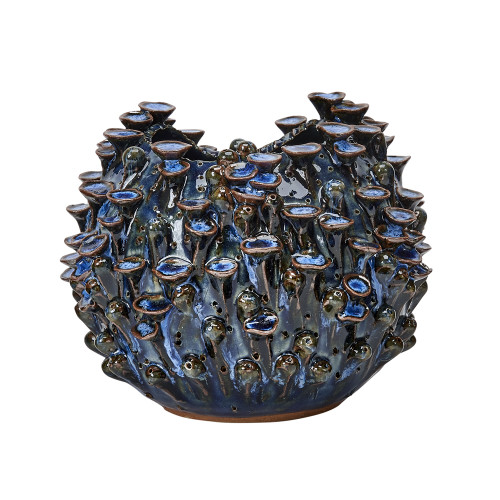 Handmade Thai navy blue barnacle ceramic vase with sculptural texture and glossy cobalt glaze
