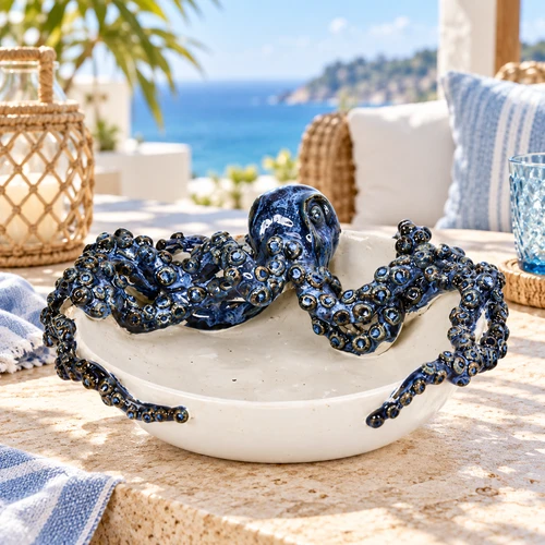 Blue and white octopus ceramic bowl styled on an upscale coastal tabletop