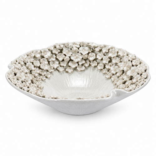 Handmade Thai white barnacle ceramic bowl with sculptural coastal texture, 18 inches wide