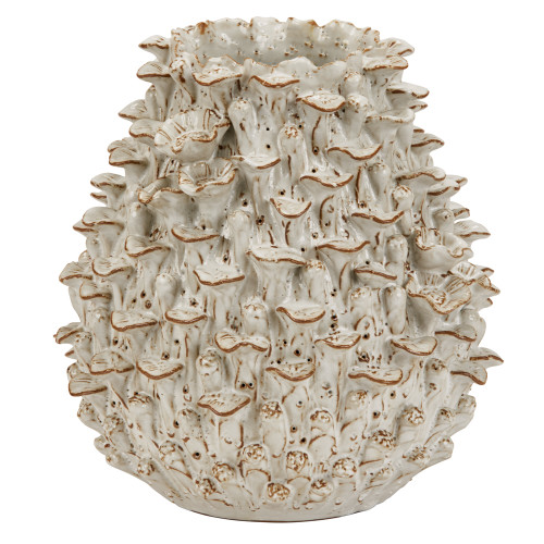 Handmade Thai white coral ceramic vase with sculptural texture and gold edge detailing on white background