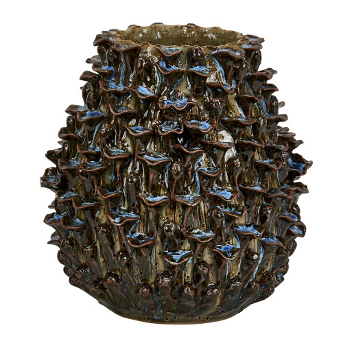 Handmade Thai celadon and sea blue textured ceramic vase on white background