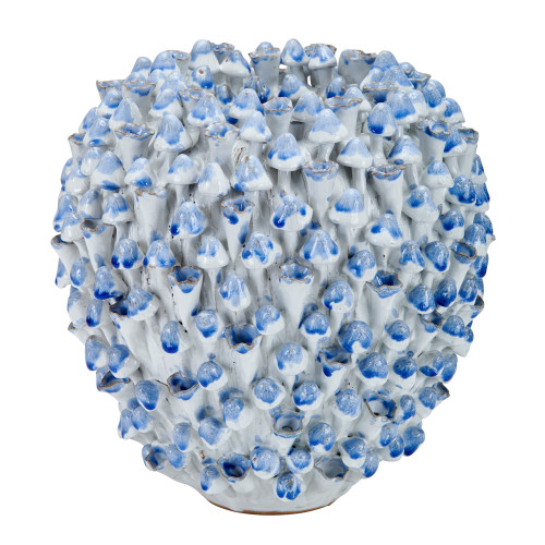 Handmade Thai blue and white undersea mushroom ceramic vase with sculptural clustered texture on a white background.