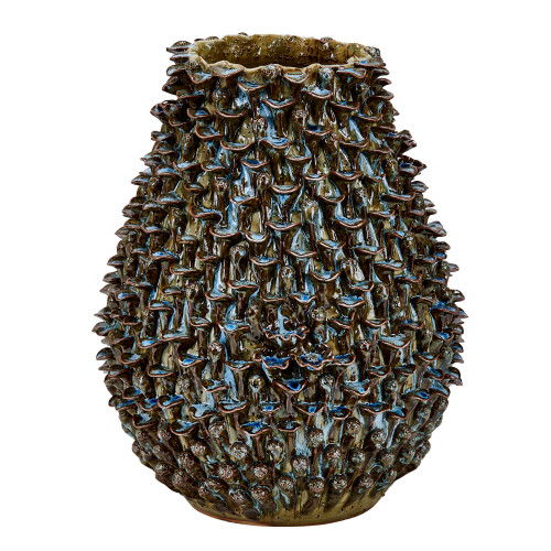 Handmade Thai taupe and sea blue coral ceramic vase on a white background