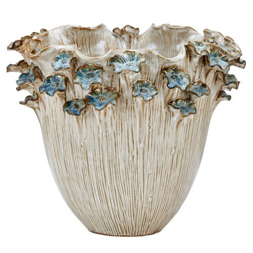 Handmade Thai oyster white ceramic vase with blue lily flower detailing on a white background