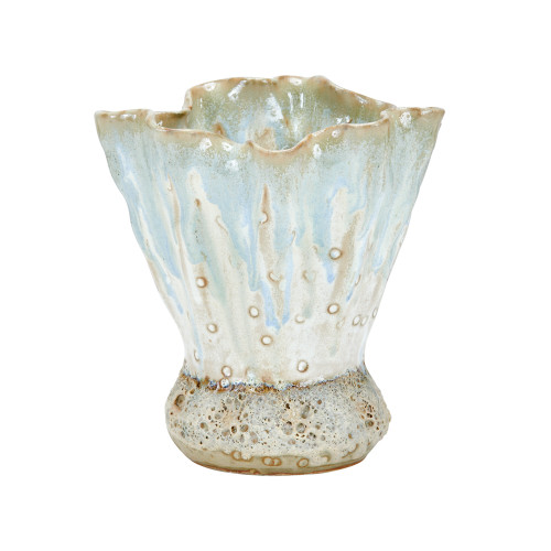 Two tone multi glazed scalloped ceramic vase in light aqua blue and white on a white background