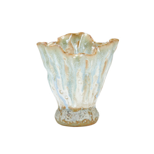 Handcrafted Thai light aqua blue and white scalloped ceramic vase on a clean white background