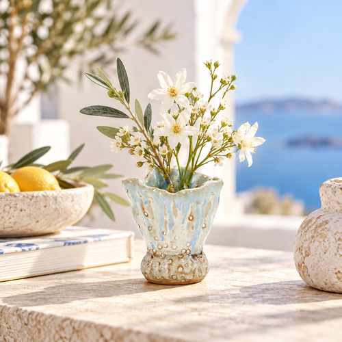 Light aqua blue and white scalloped ceramic vase styled with delicate flowers in an upscale coastal setting