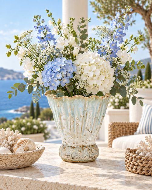 Light aqua blue and white scalloped ceramic vase styled with soft blue and white flowers in an upscale coastal setting