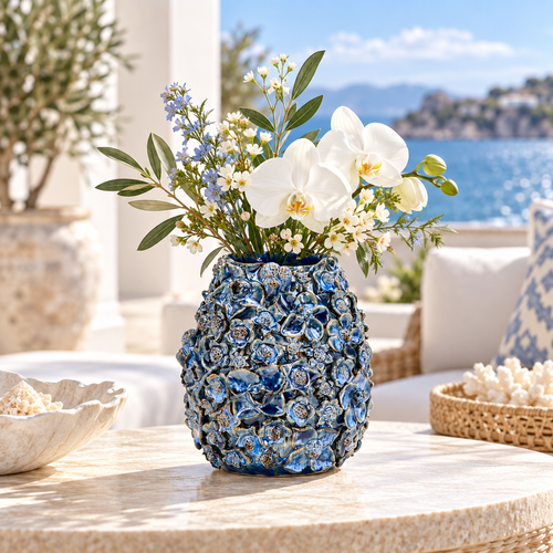 Deep blue Bouquet De Fleurs ceramic vase displayed without flowers in a bright coastal lanai setting
