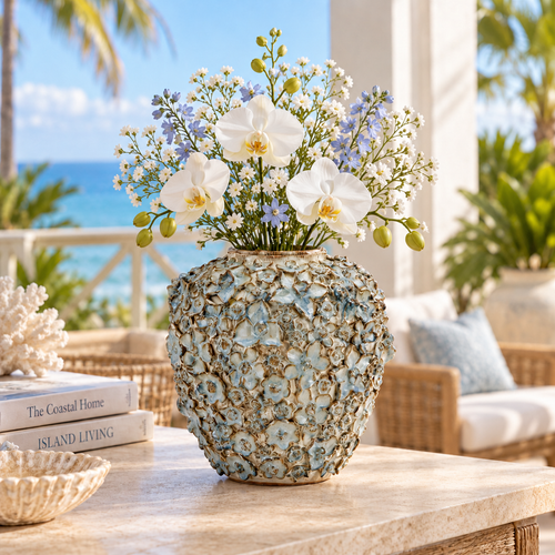Medium blue and cream Bouquet De Fleurs ceramic vase styled with orchids in an elegant coastal setting